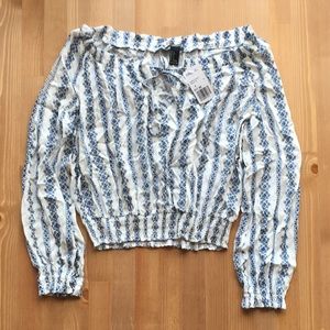Forever 21 Off the Shoulder White and Blue Top